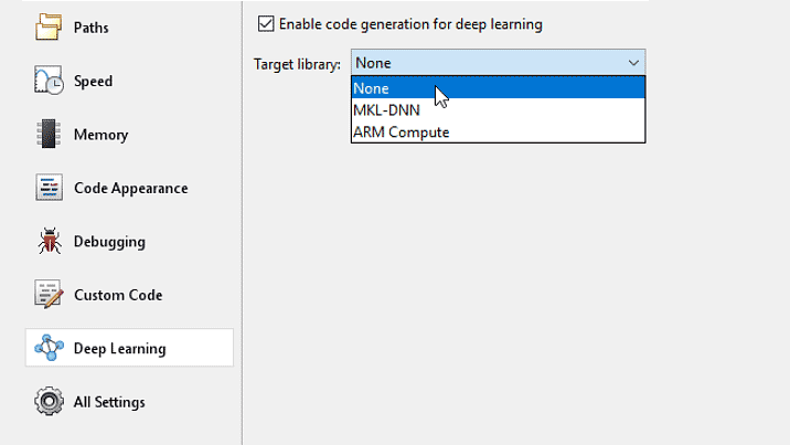 Screenshot of MATLAB Coder app. A checkbox titled, enable code generation for deep learning code, is selected and the target library dropdown list is set to none.
