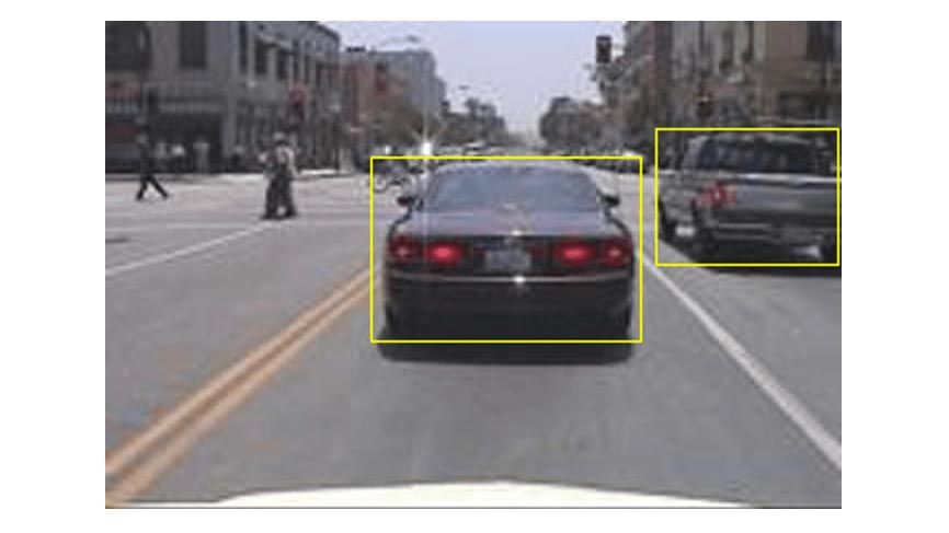 YOLO v2 object detection network of two cars driving on a street with double yellow lines and pedestrians walking in a crosswalk.